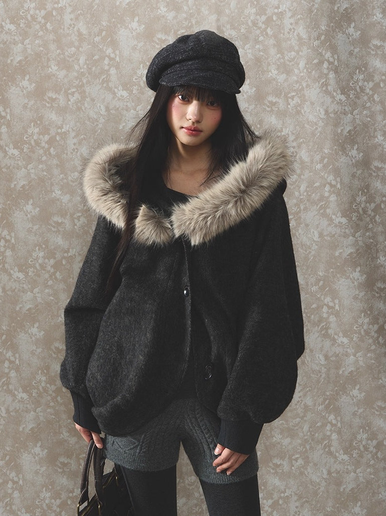Fur Collar Wool-Blend Batwing Cape