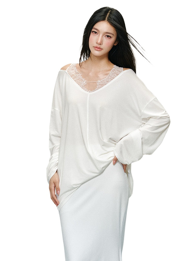 Lace Spliced V-neck Fake Two-Piece T-shirt - CHINASQUAD