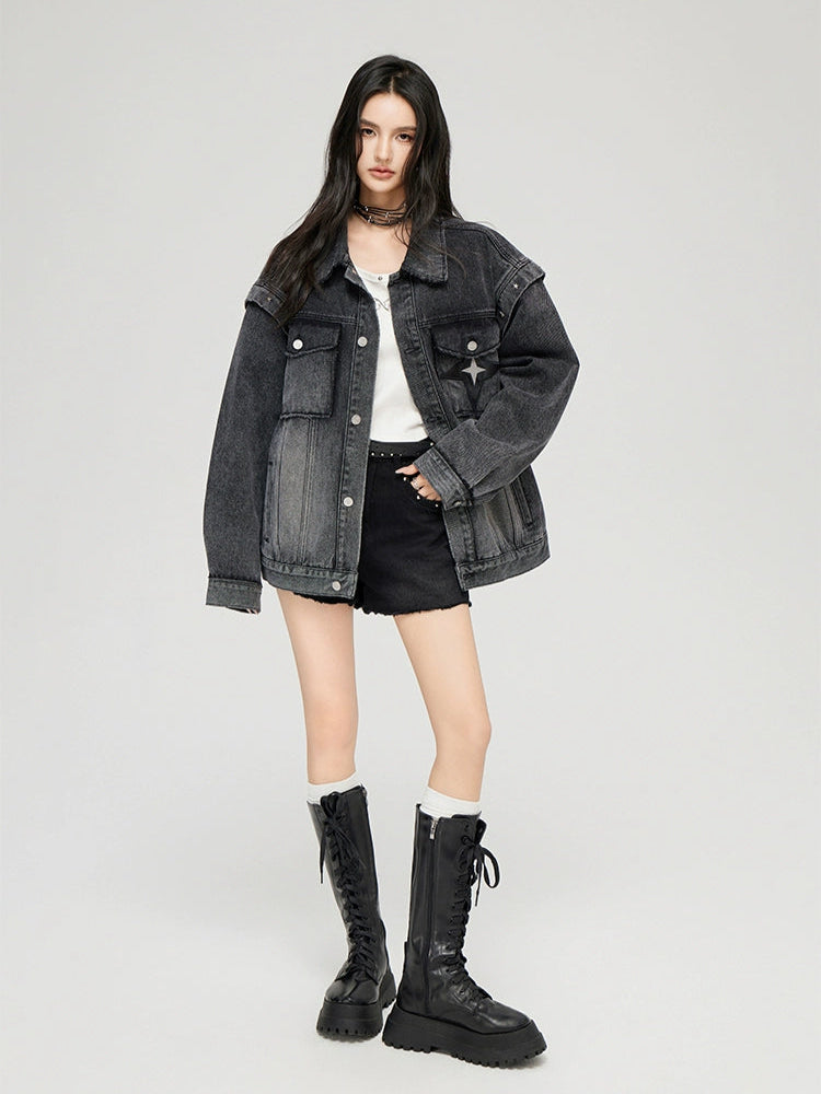 Washed Turn-down Collar Denim Jacket - CHINASQUAD