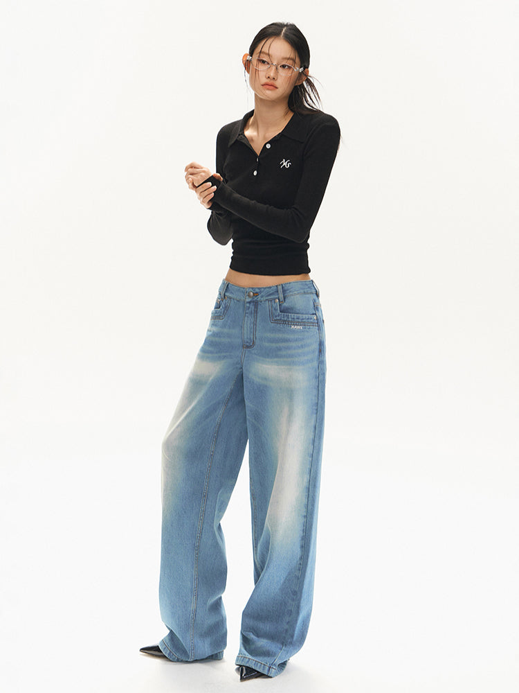 Water-Washed Low-Waist Loose Straight-Leg Pants - CHINASQUAD