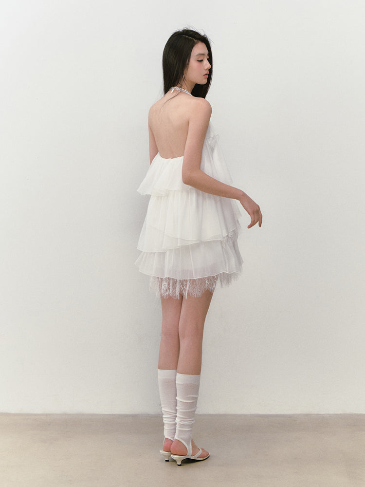 Lace-spliced Cake-style Halter Dress