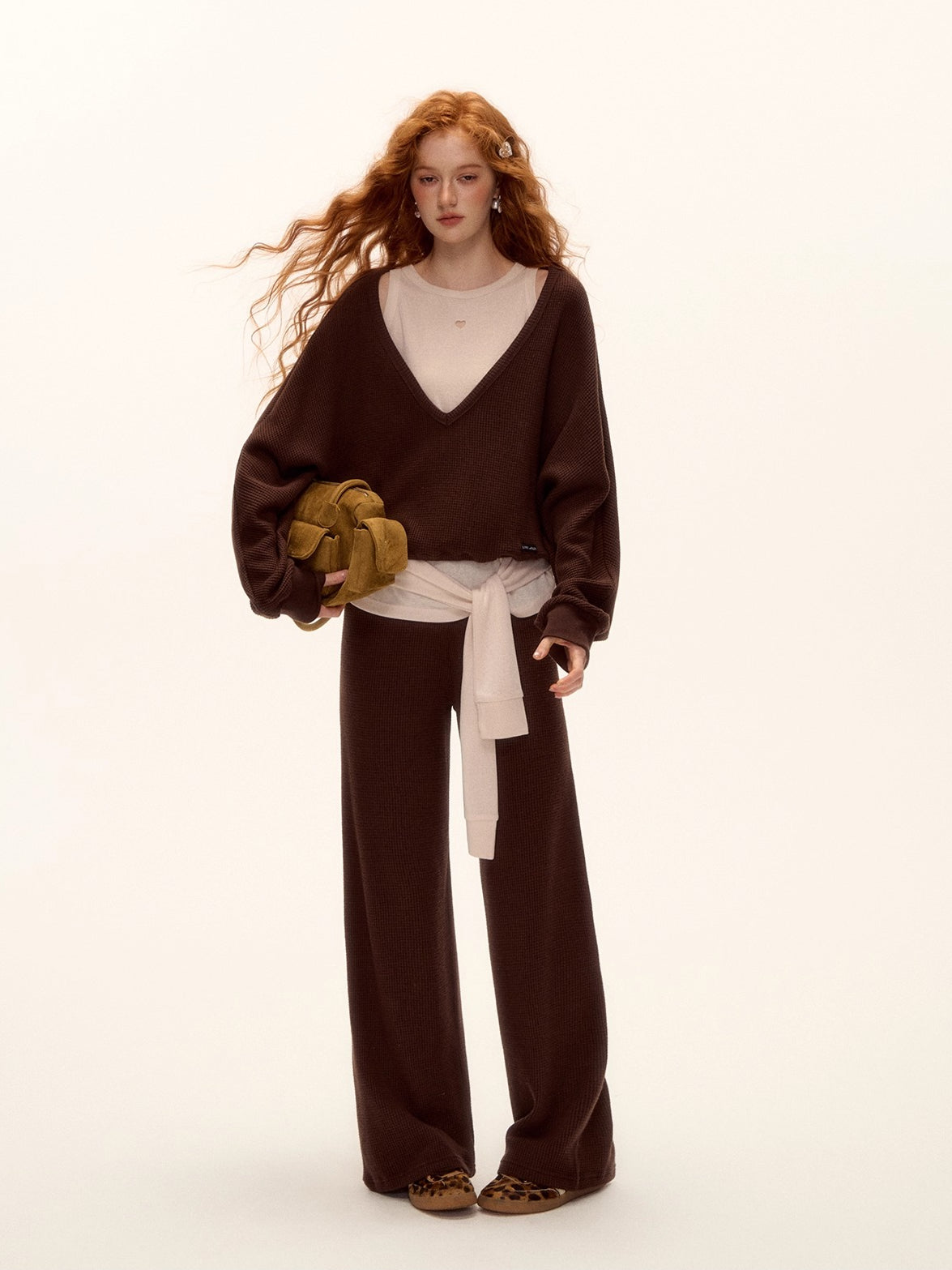 Waffle Knit V-Neck Pullover & Tank Top & Wide-Leg Pants Set