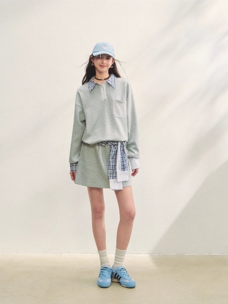 Fake Two-Piece Checkered Shirt Panel Sweatshirt - CHINASQUAD