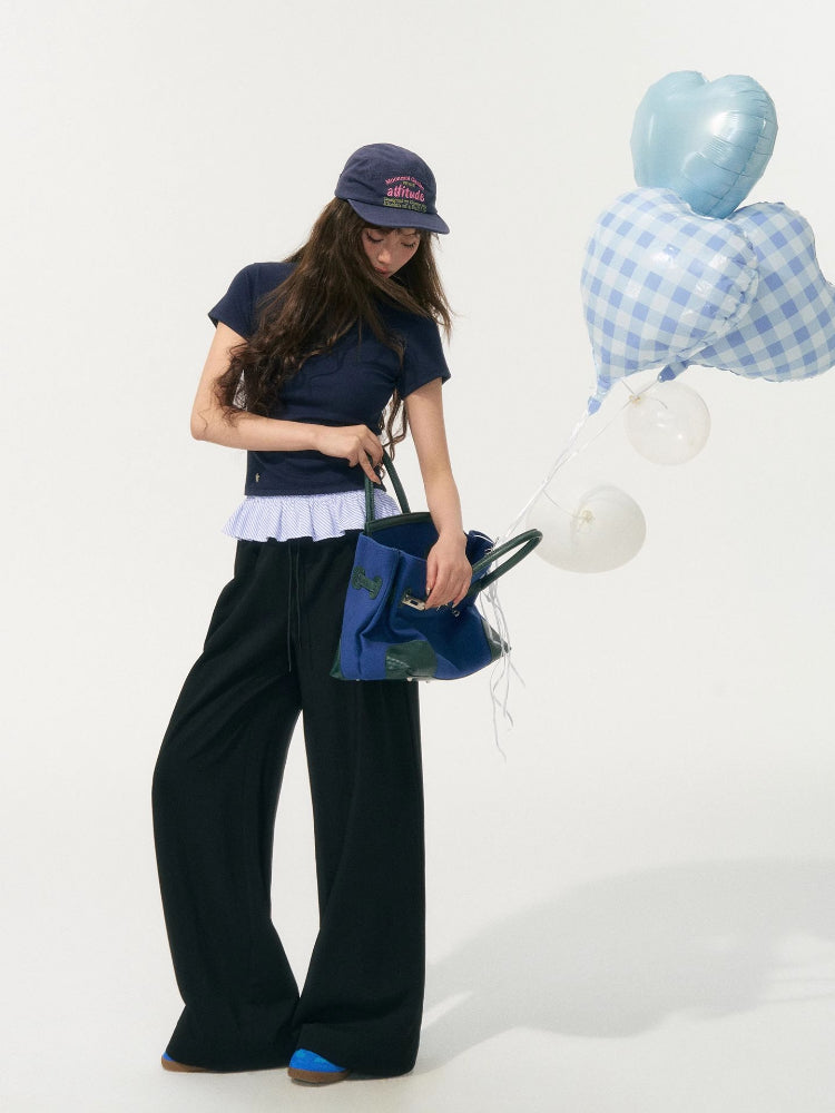 Fake Two-Piece Patchwork Puff Sleeve