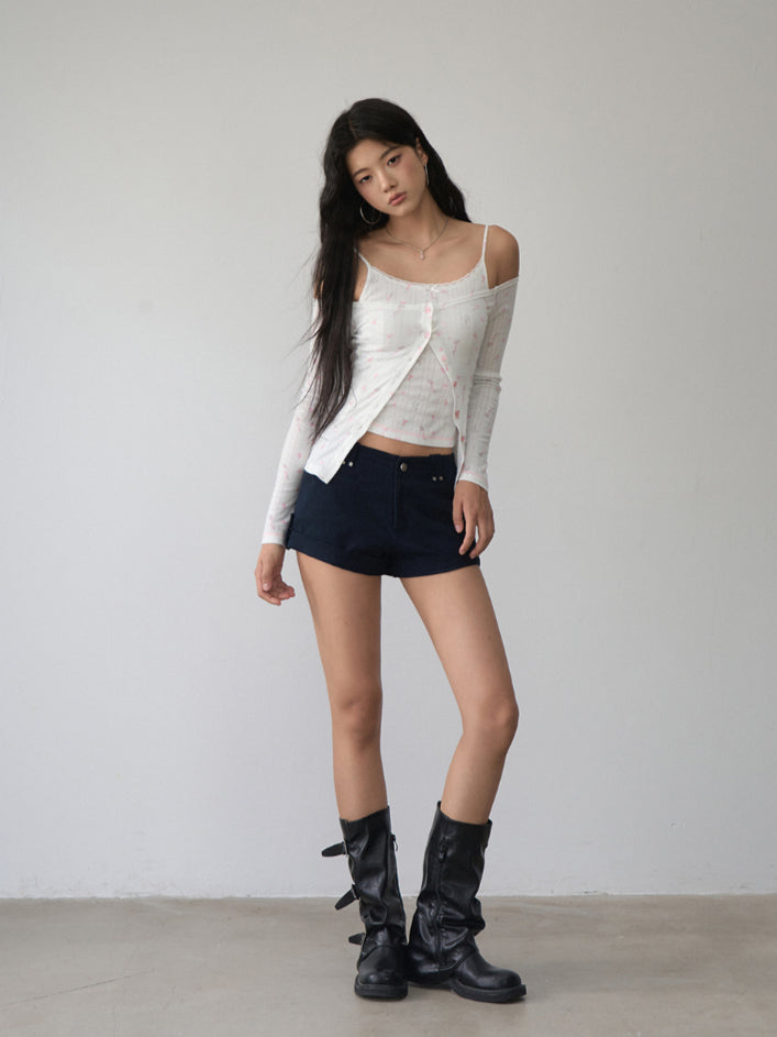 Printed Hollow-out Lace Trim One-Shoulder Top Set - CHINASQUAD