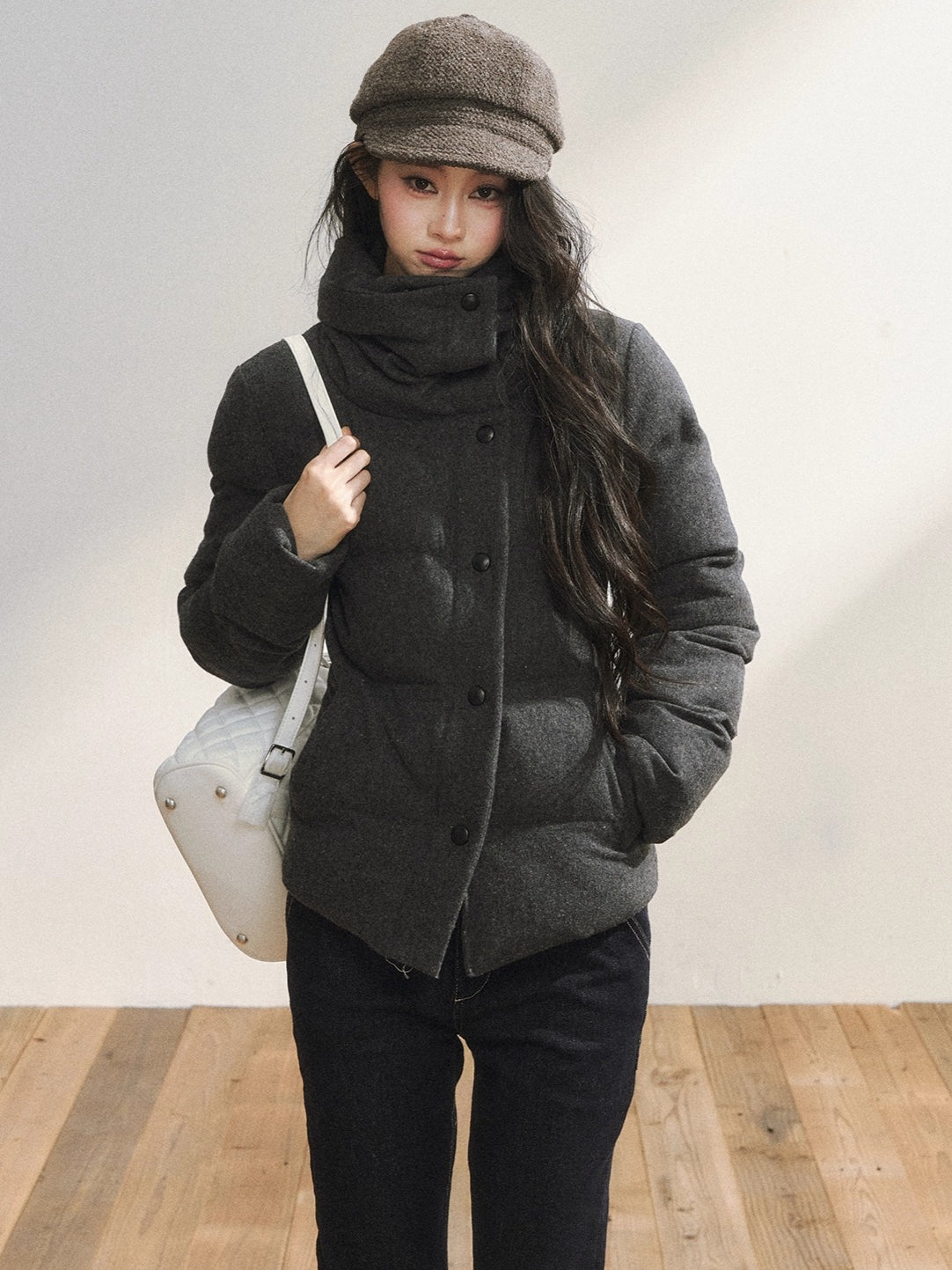 Gray Wool-Blend Quilted Short Puffer Jacket