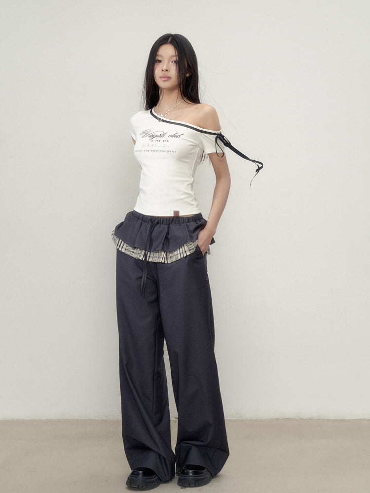 Off-Shoulder Letter Print Short Sleeve T-shirt - CHINASQUAD