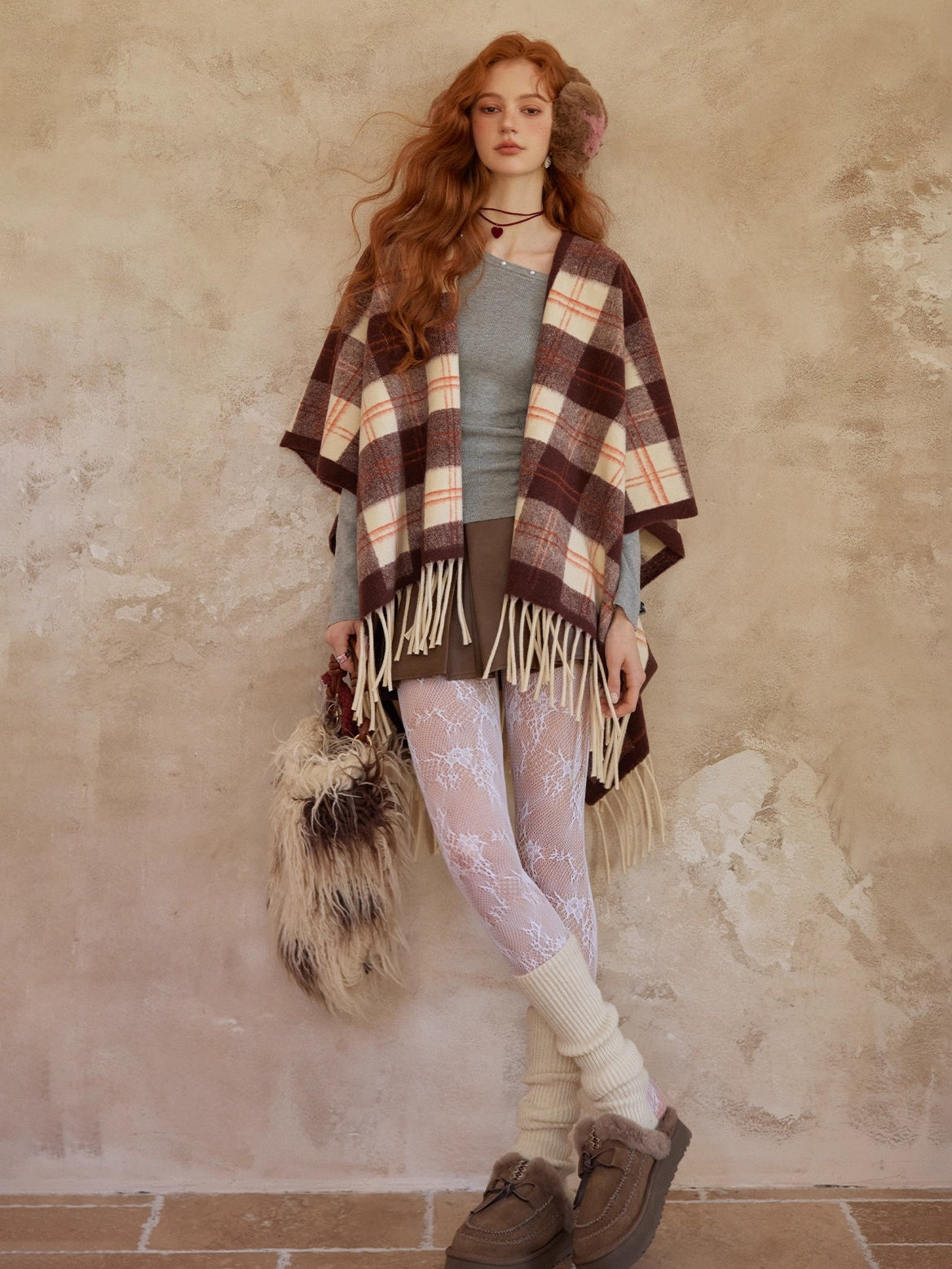 Vintage Plaid Fringe Shawl Scarf