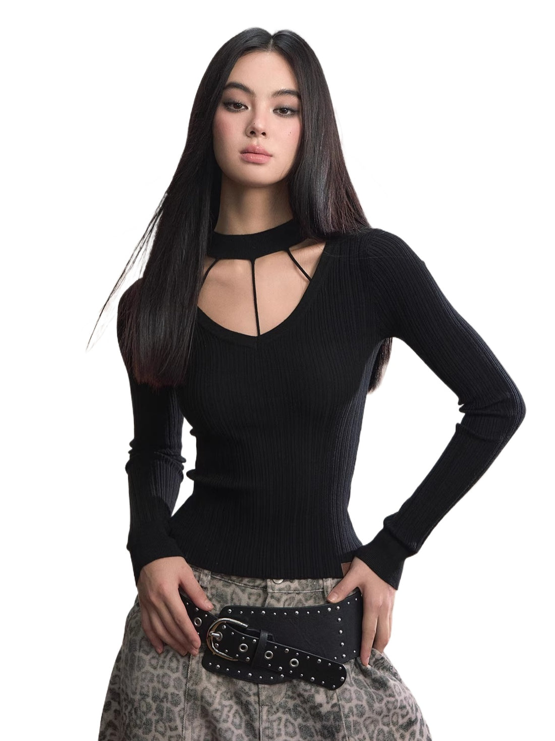 Choker Neck Slim-Fit Ribbed Knit Crewmeck
