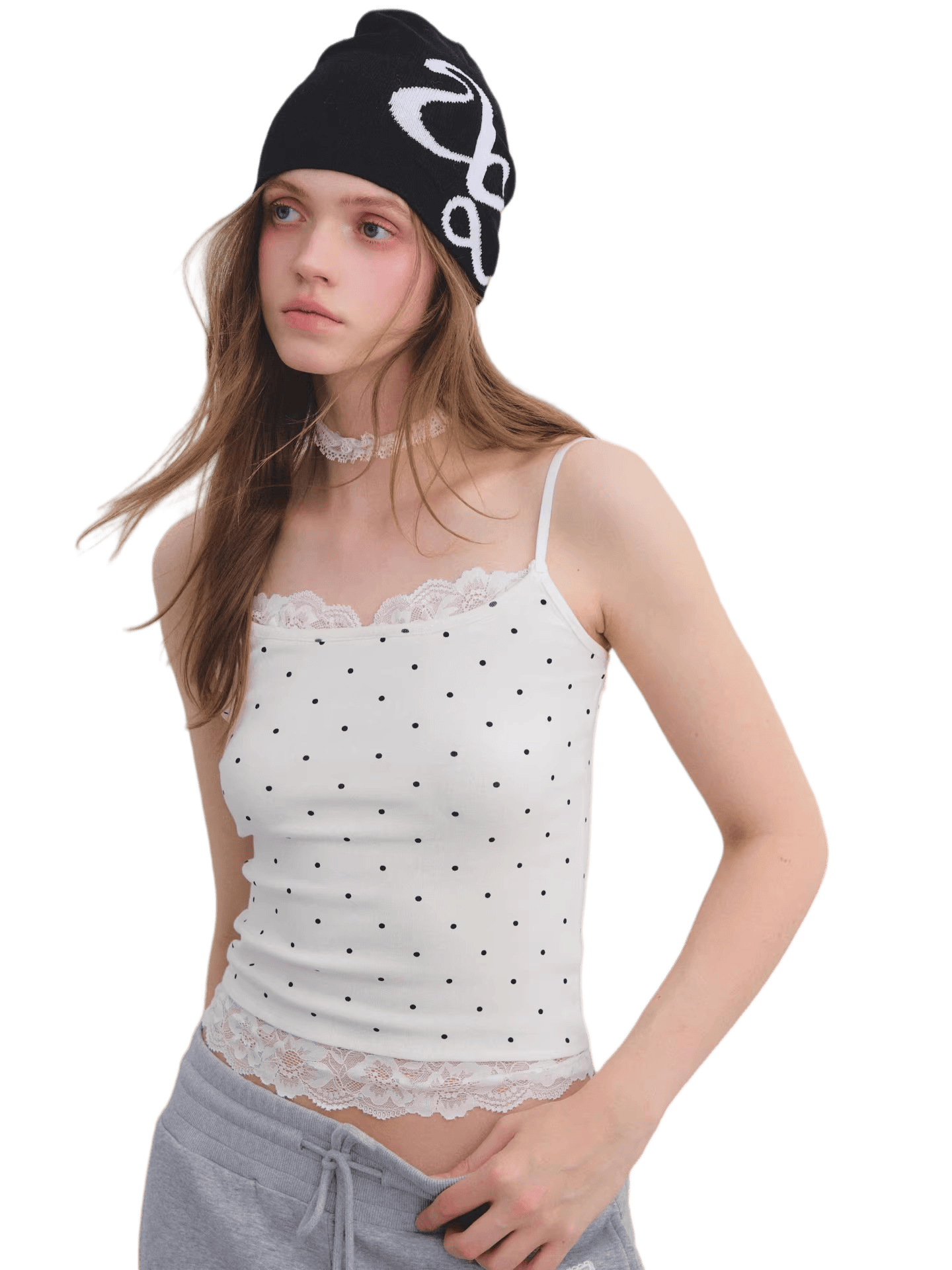Lace Panel Polka Dot Cami Top
