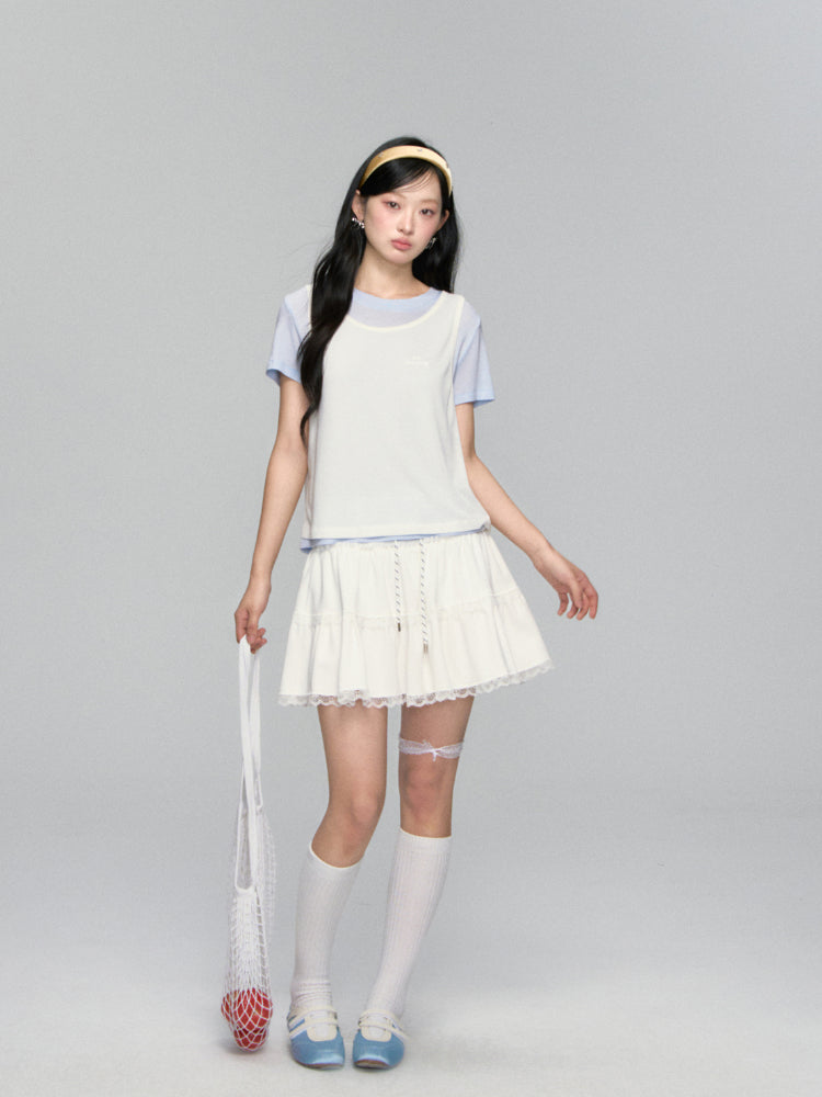 High-waisted Drawstring Lace-spliced Tiered Skirt - CHINASQUAD