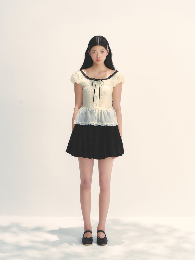 Tuck Pleat Color Blocked Tea- Length Dress - CHINASQUAD