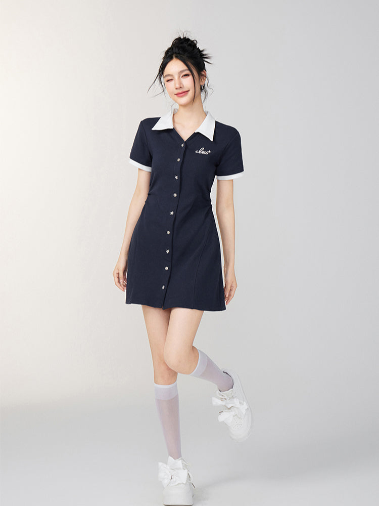 Color-Blocked Button-Up Waist Cinching Polo Dress - CHINASQUAD