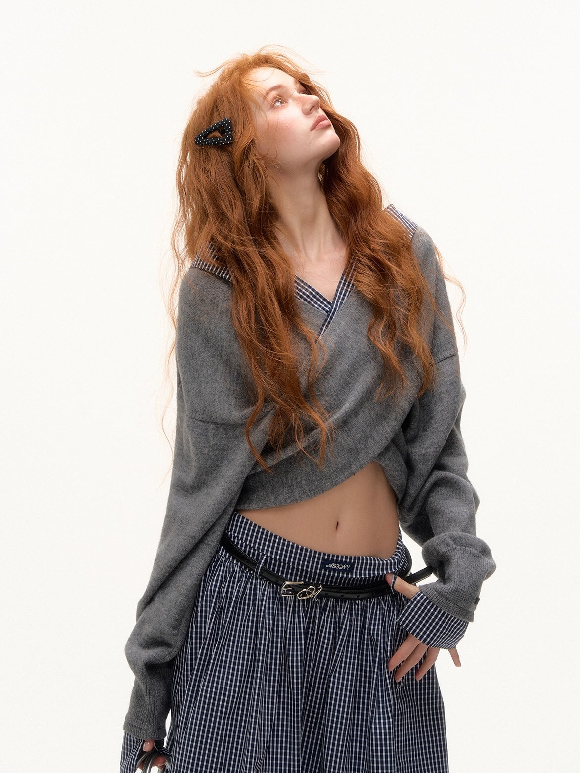 Off-Shoulder Plaid Panel Cross Sweatshirt - CHINASQUAD