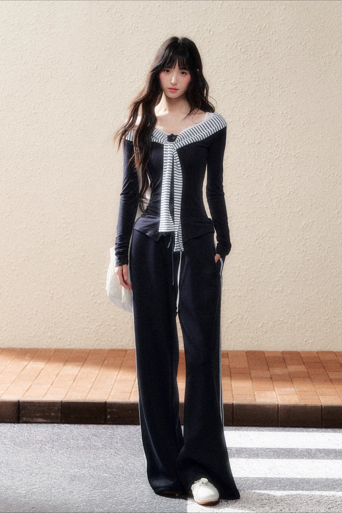 Navy Sailor-Collar Contrast Stripe Knit T-shirt - CHINASQUAD