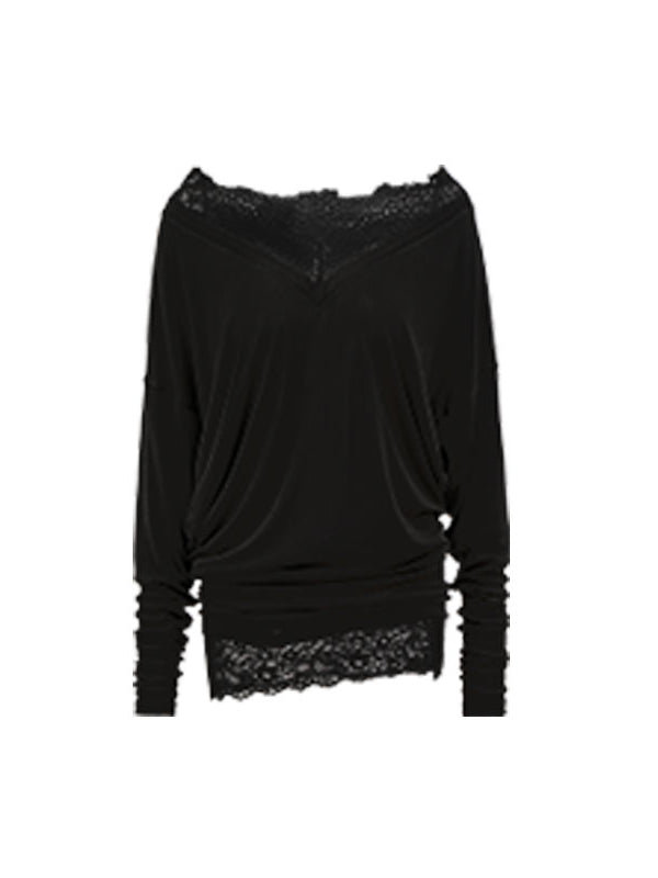 V-Neck Lace Trim Layered Blouse - CHINASQUAD