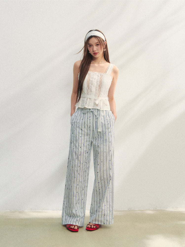 Striped Print Patchwork Embroidery Lace Straight Pants - CHINASQUAD