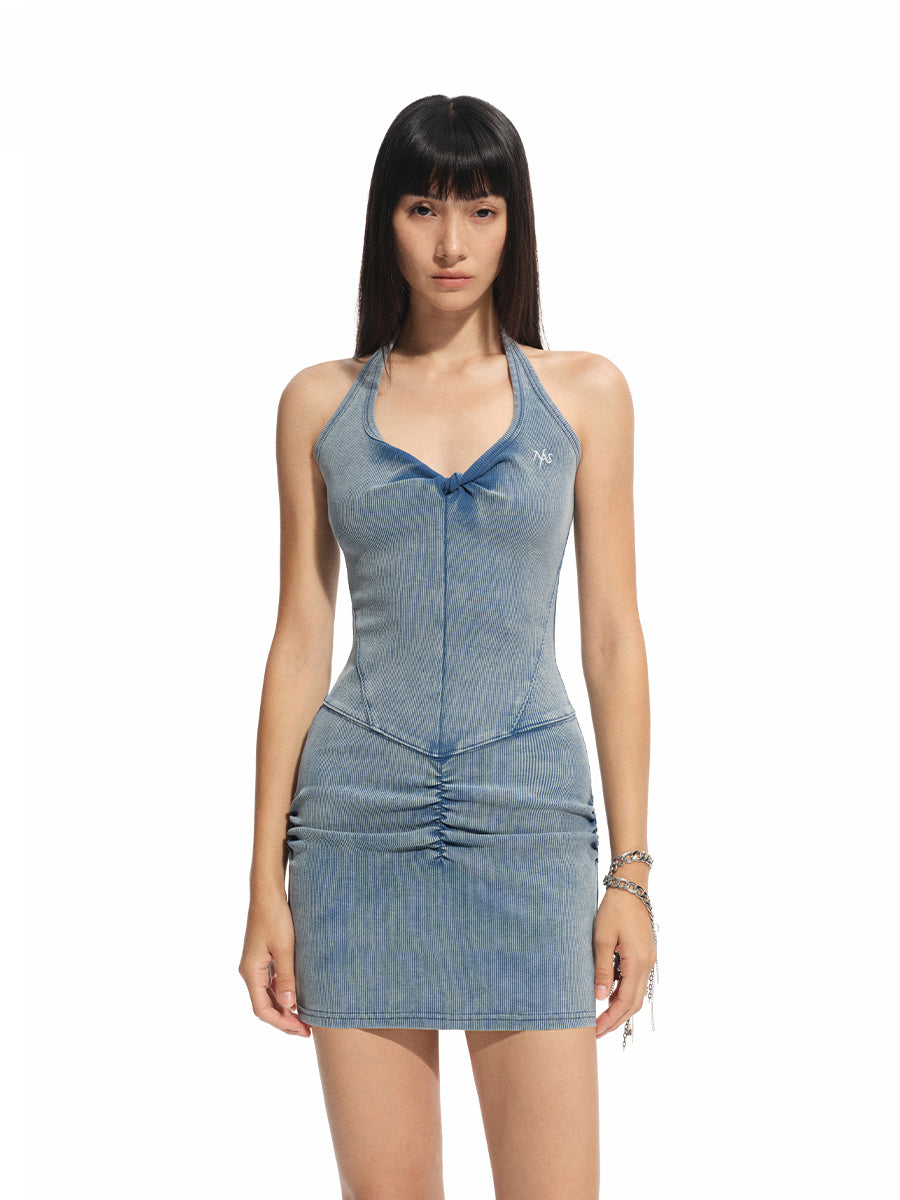 Vintage U-Neck Slim Halter Denim Dress - CHINASQUAD