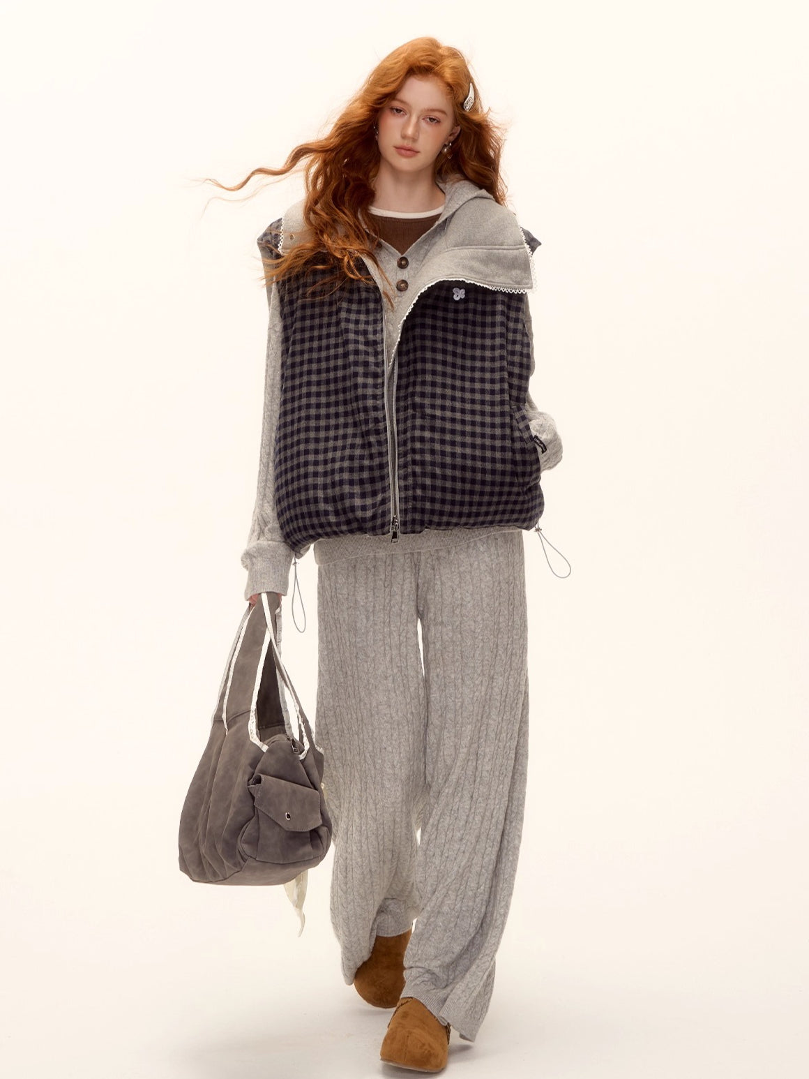 Reversible Plaid Lace-Trim Padded Vest