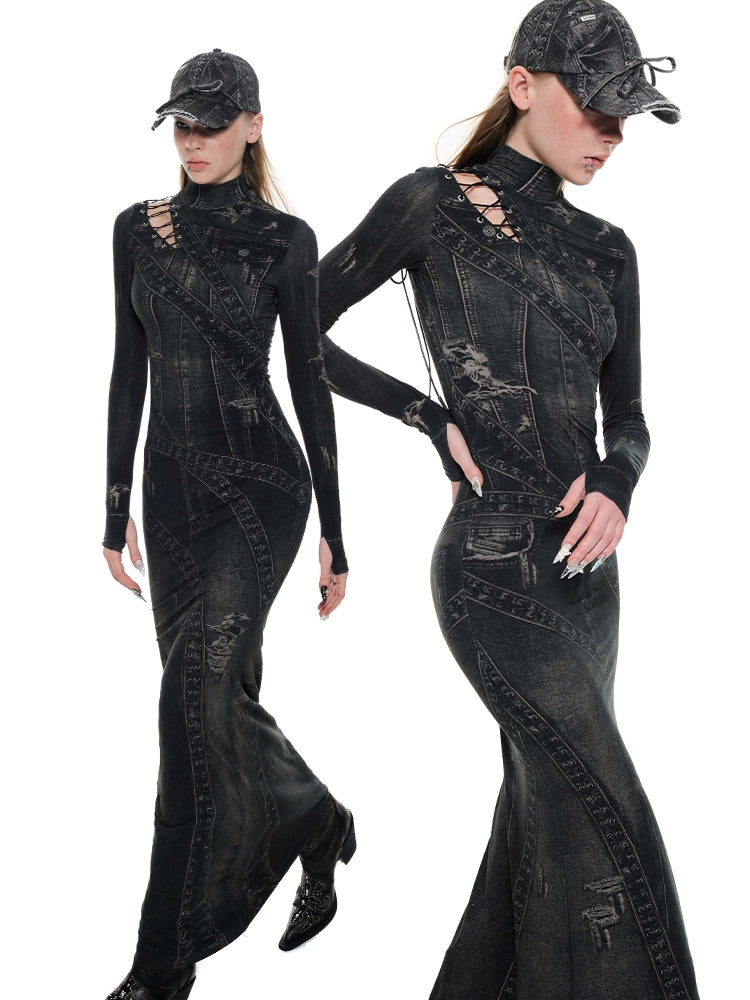 Denim Blue & Black Floral Print Long Dress - CHINASQUAD