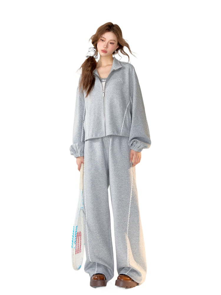 Lace-Trimmed Adjustable Cuffed Straight Leg Sweatpants - CHINASQUAD