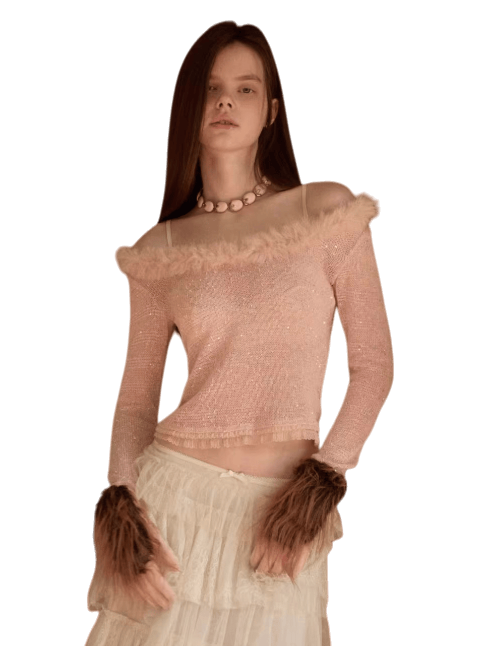 Off-Shoulder Sequin Knit Crewneck