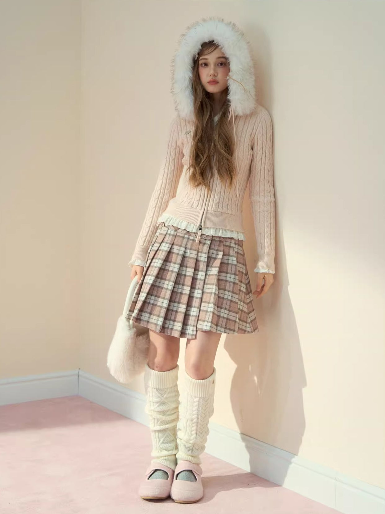 Detachable Fur Collar Blush Zip-up Knit Cardigan - CHINASQUAD