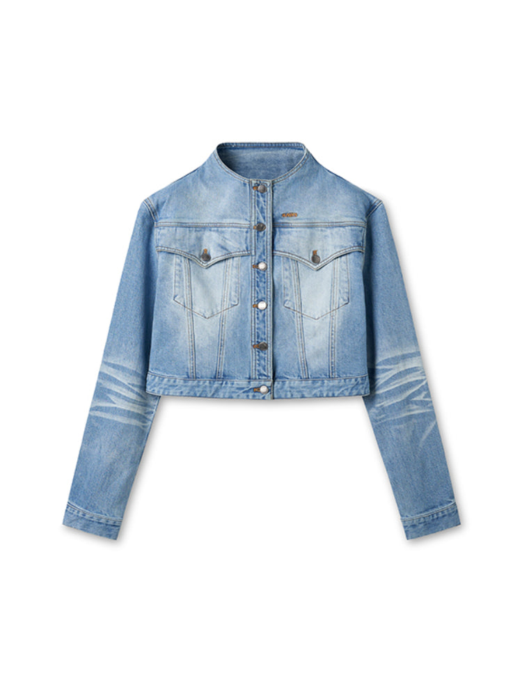 Twill Denim Cat-Whisker Stand-Collar Cropped Jacket - CHINASQUAD
