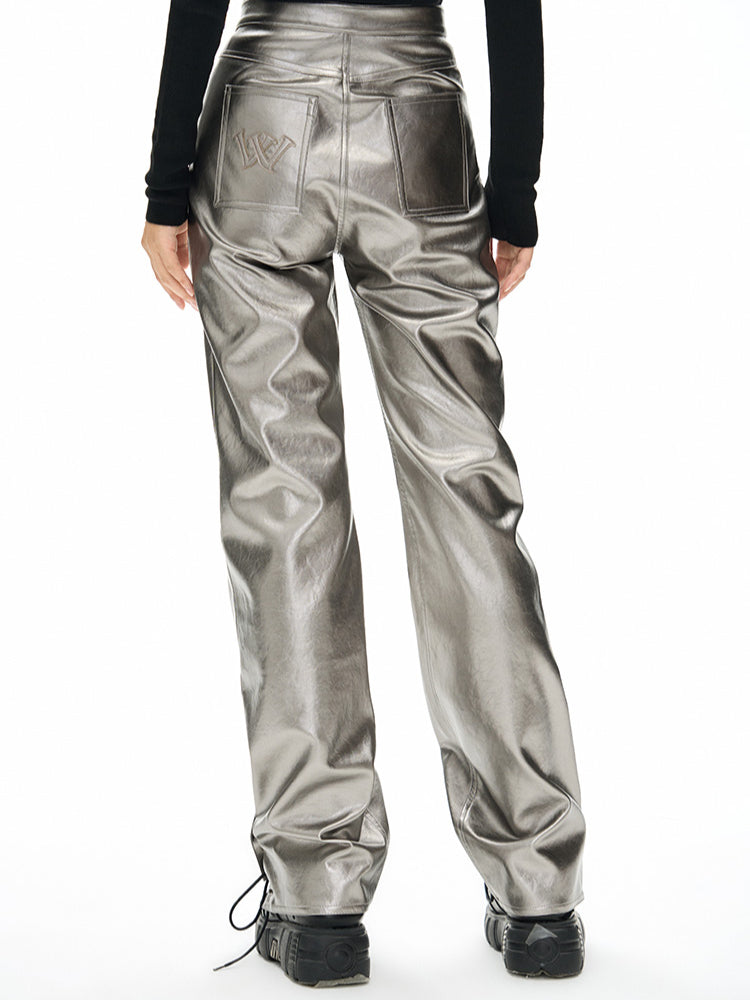 Black V-Style High-Waist Leather Pants - CHINASQUAD