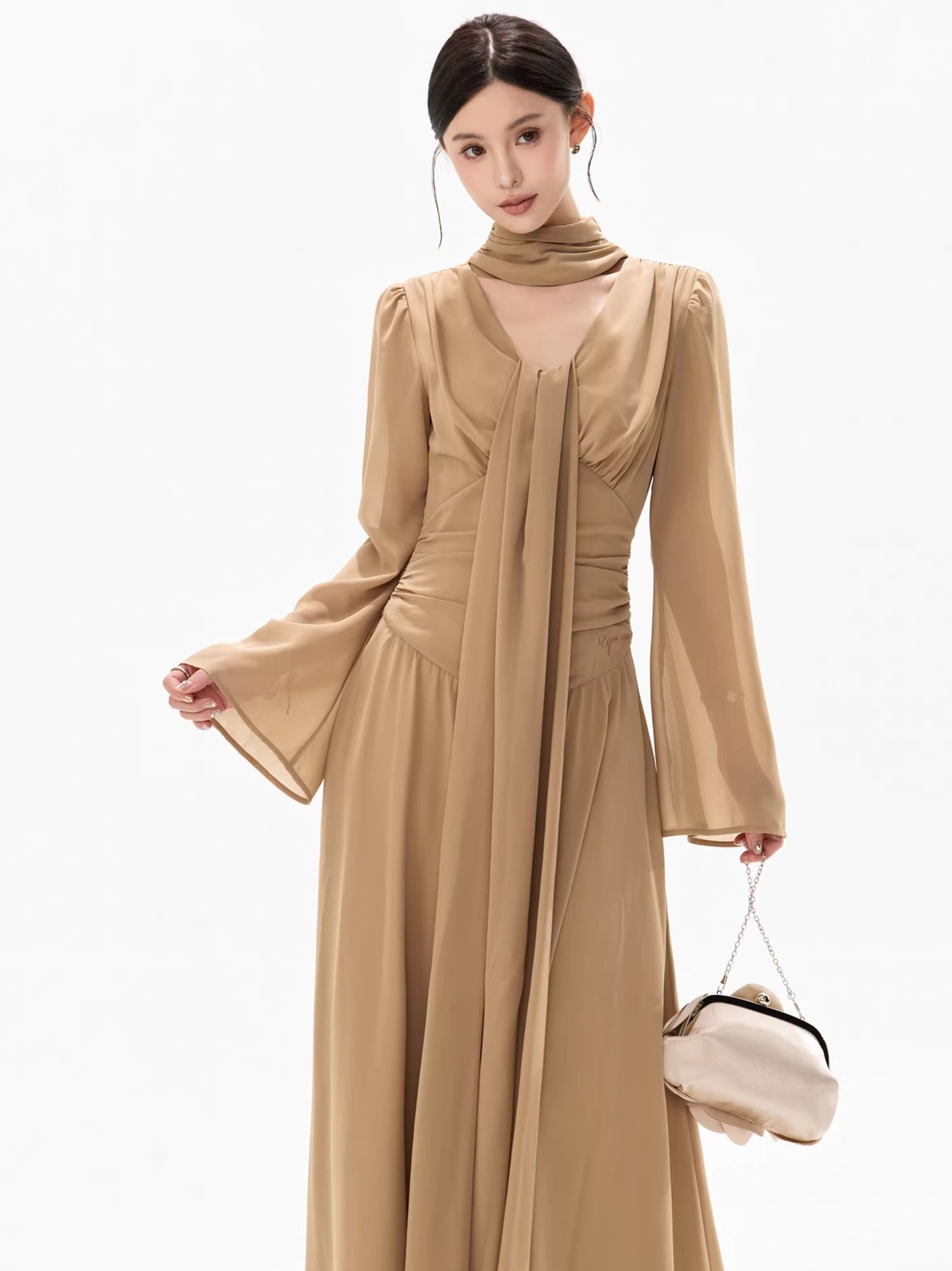 French Ribbon-Tie V-Neck Chiffon Maxi Dress