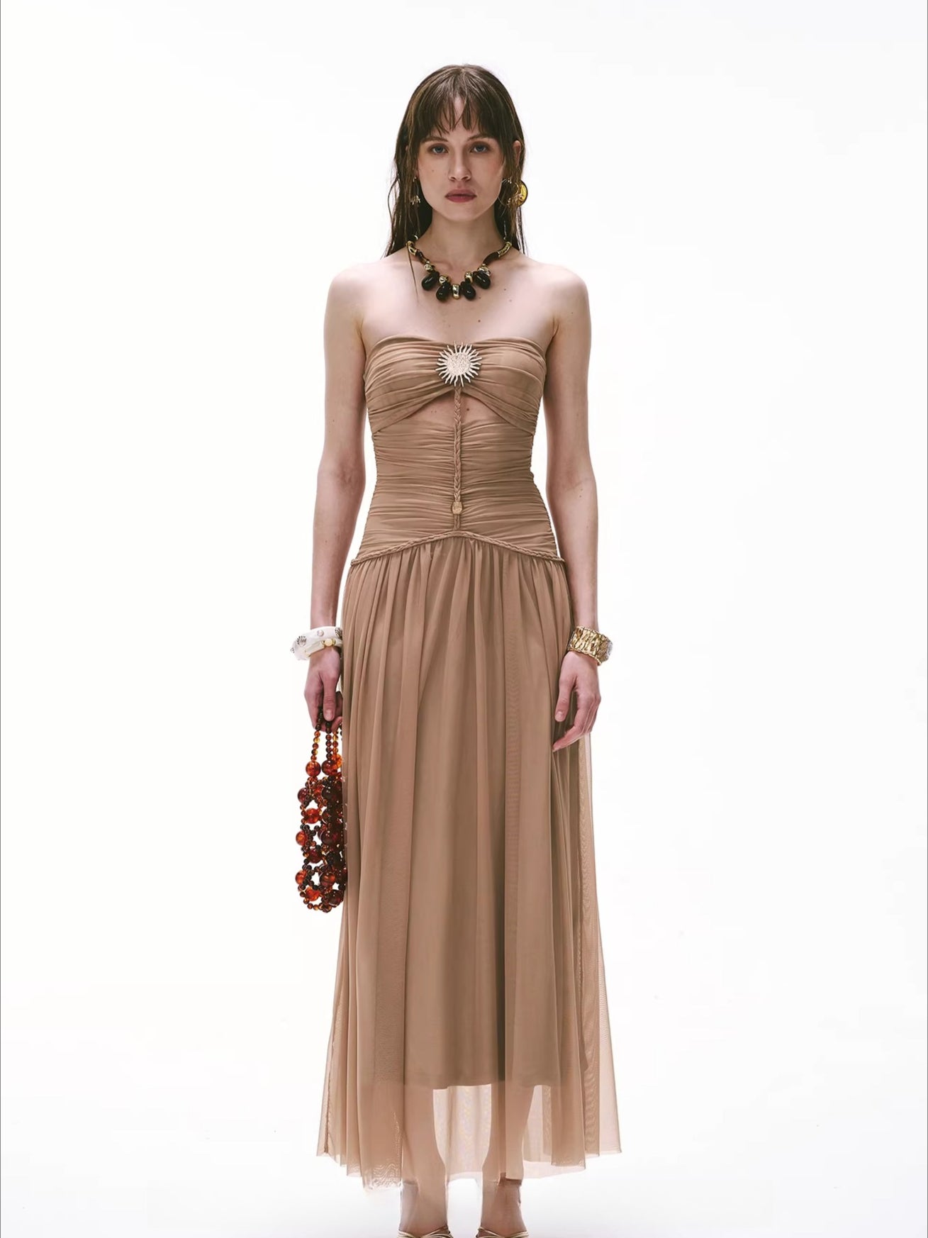 Cool-Goddess Strapless Braided Ruched Maxi Dress