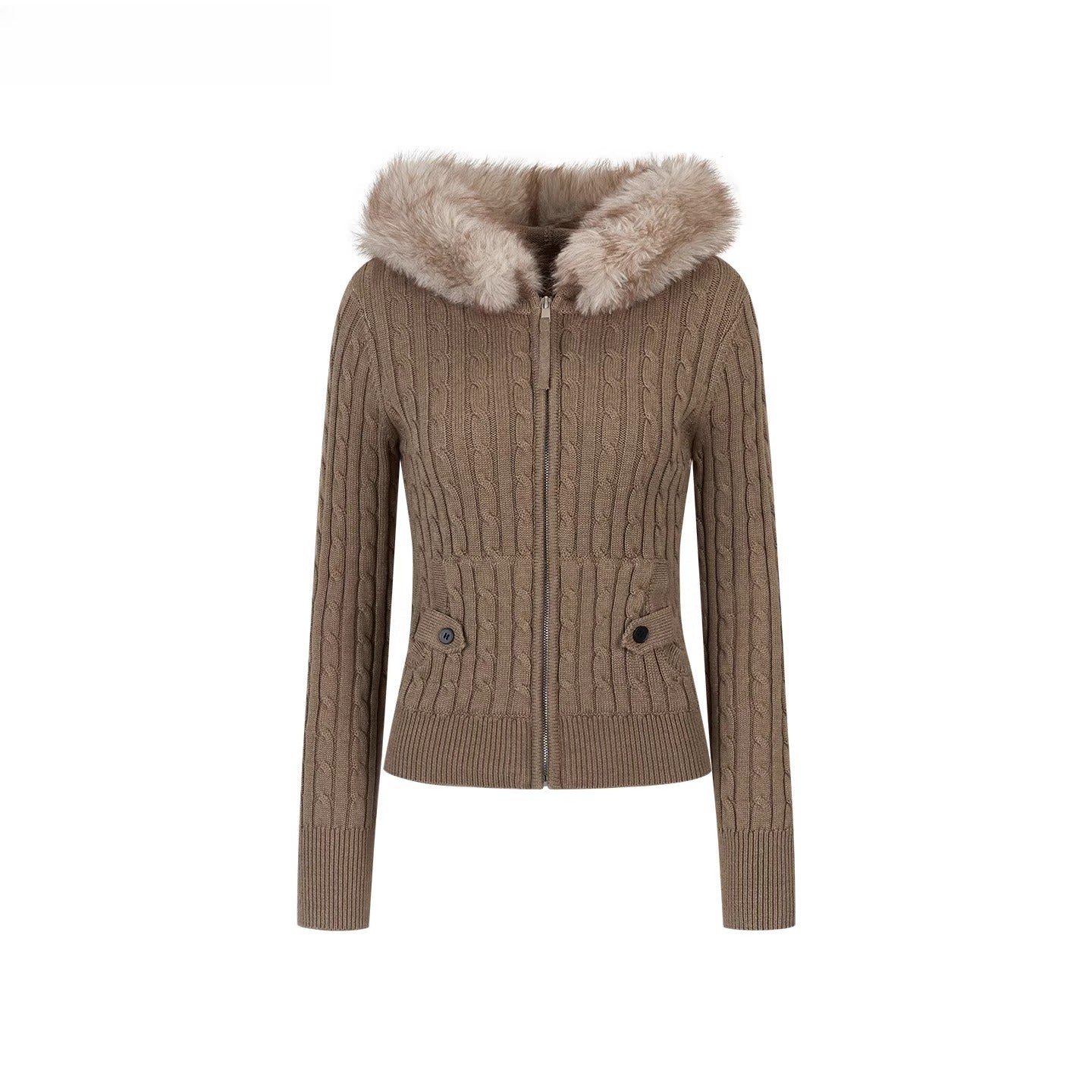 Faux-Fur Collar Cable-Knit Cardigan