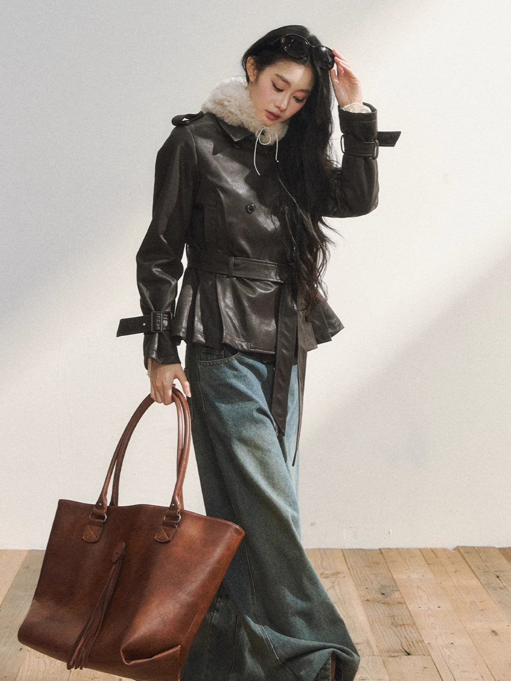 Vintage Brown Belted Faux Leather Wool Jacket