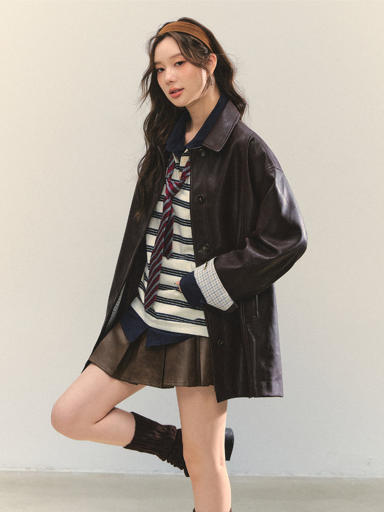 Black H-shaped Cuff Checkered Spliced Leather Jacket - CHINASQUAD