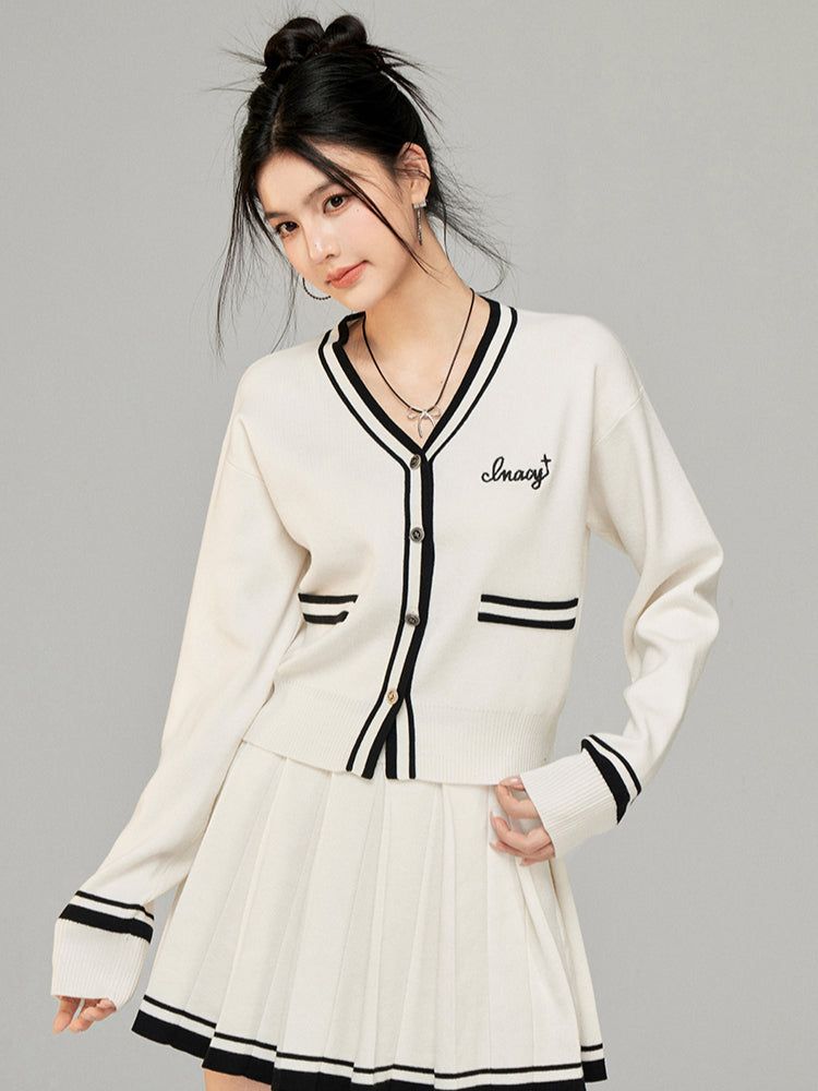 Contrast Color Knit V-neck Cardigan Set - CHINASQUAD