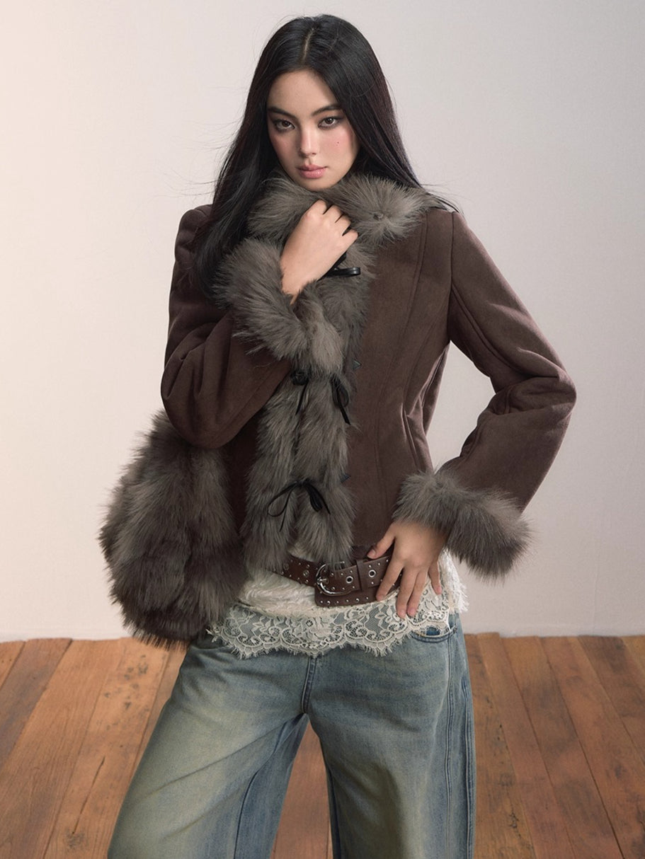 Faux Shearling Bow-Tie Collar Jacket