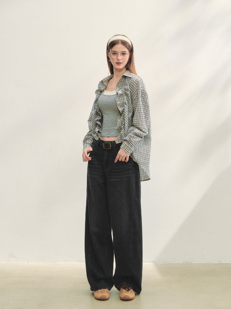 Checkered Contrast Hem Drawstring Pleated Shirt - CHINASQUAD