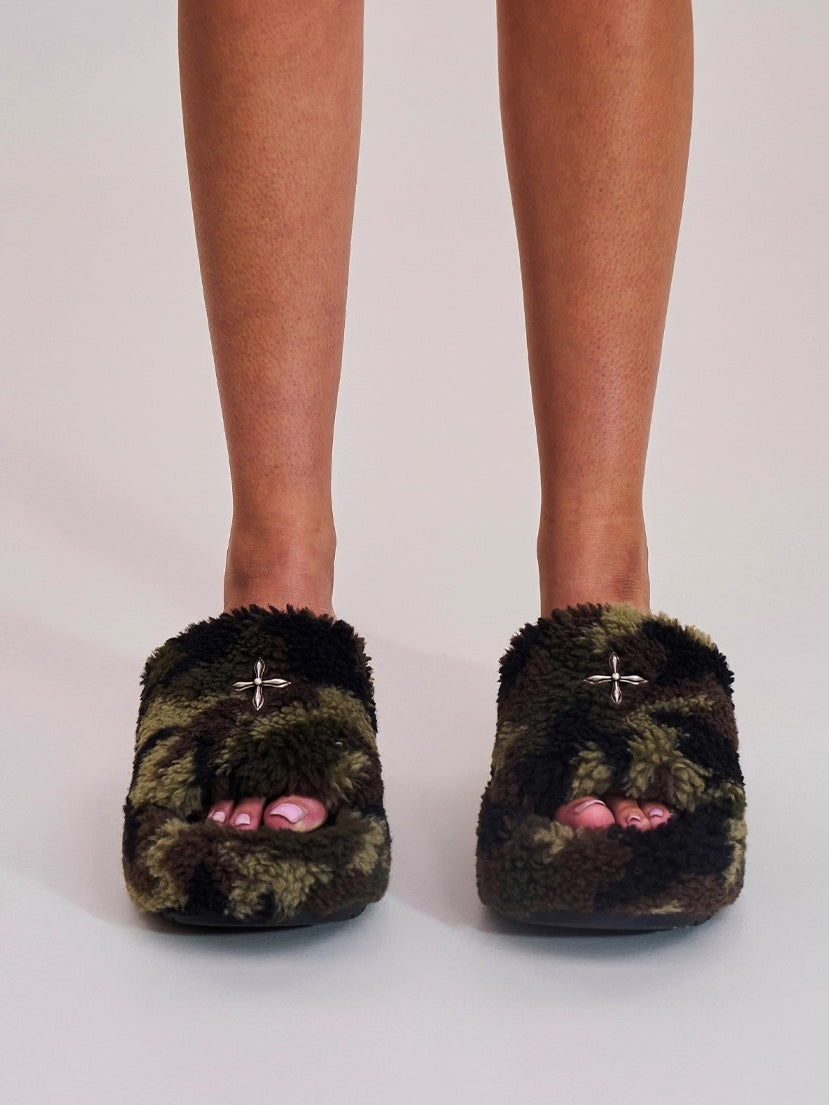 Cross Relic Shearling Heel Mules