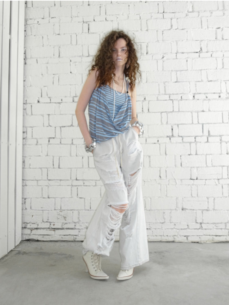 Blue-Gray Striped Two-Way Beaded Swing Collar Tank Top - CHINASQUAD