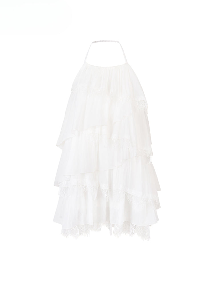 Lace-spliced Cake-style Halter Dress