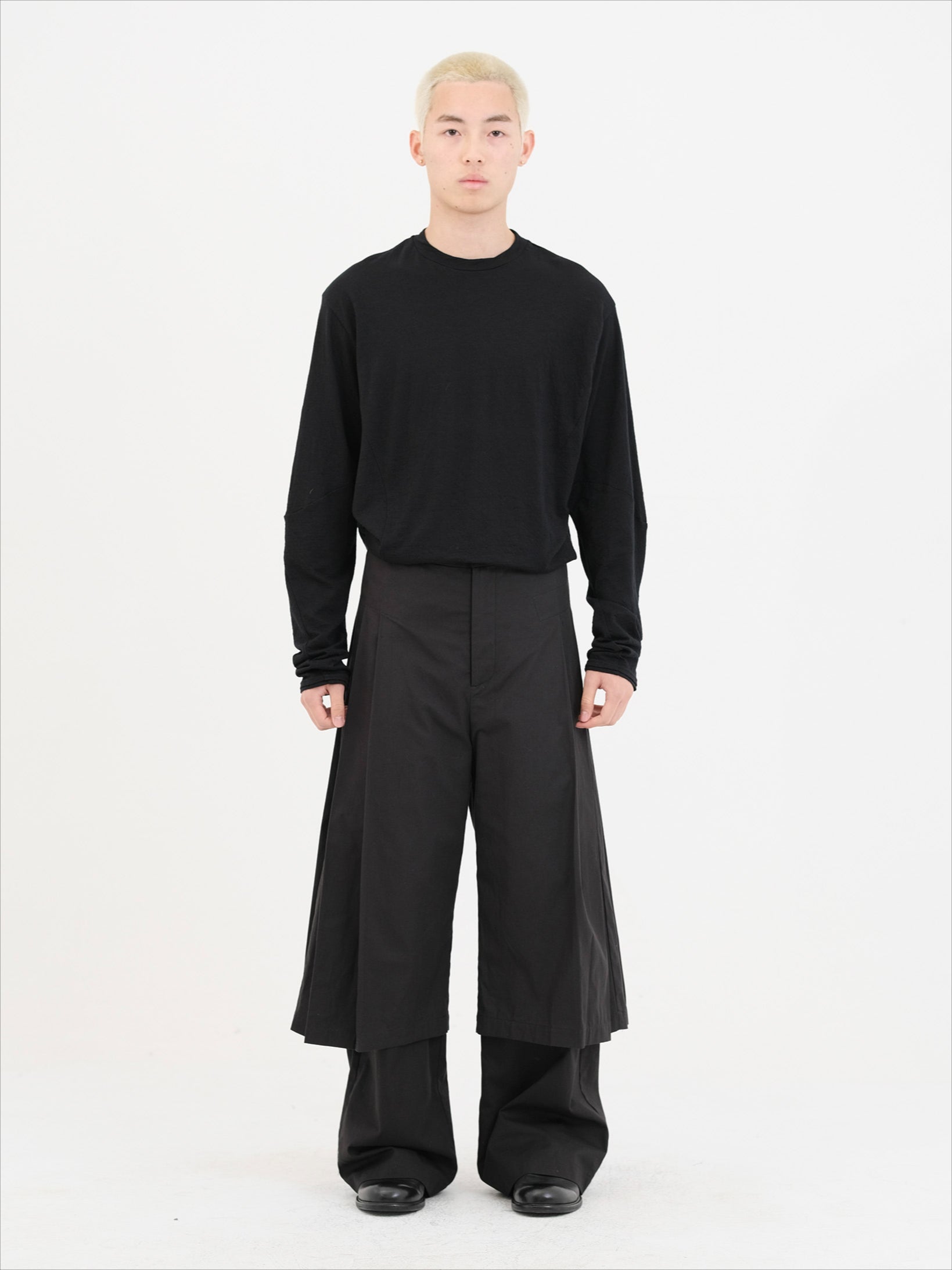 Black & Dark Brown Double-Pleated Skirt Pants - CHINASQUAD