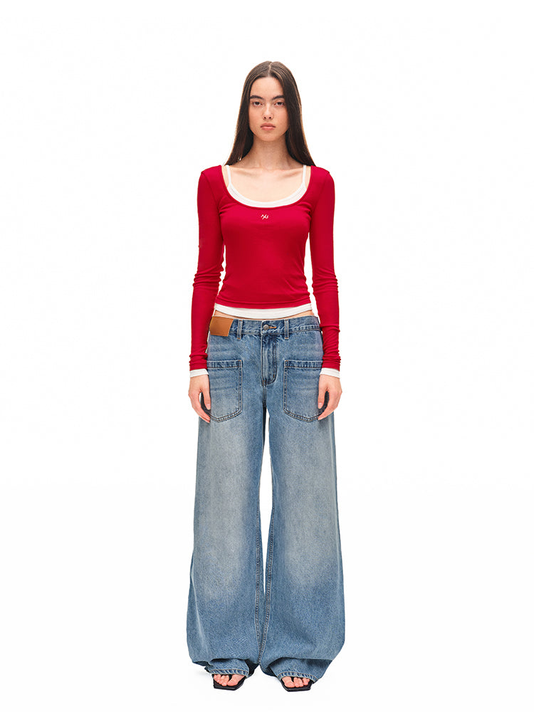 Color-block Two-piece Integrated Strap Layered T-shirt - CHINASQUAD