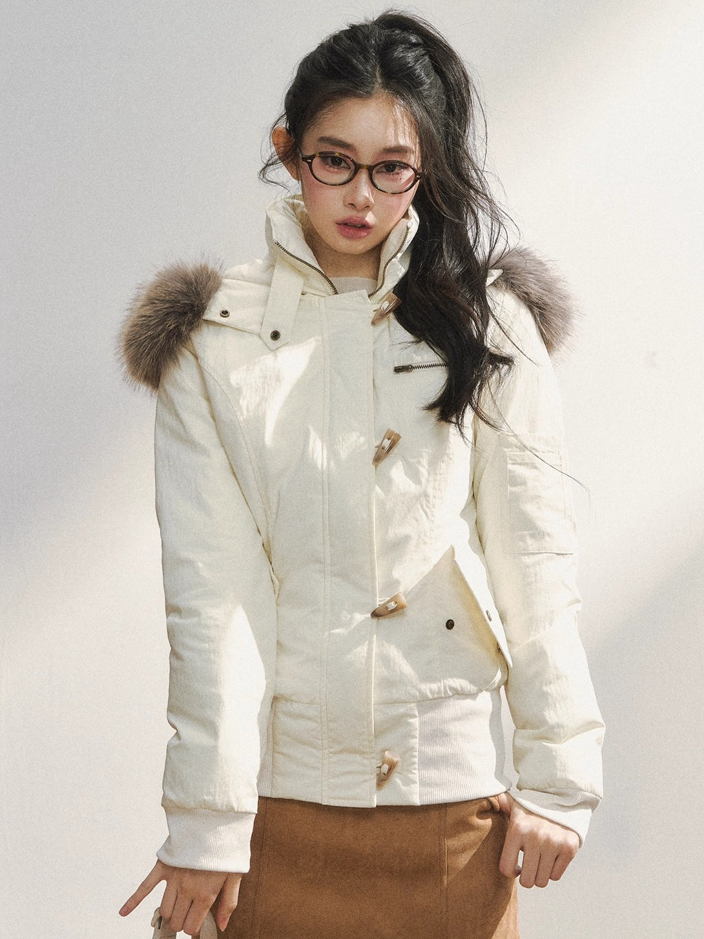 Two-Tone Faux Fur Collar Hooded Duffle Puffer Jacket