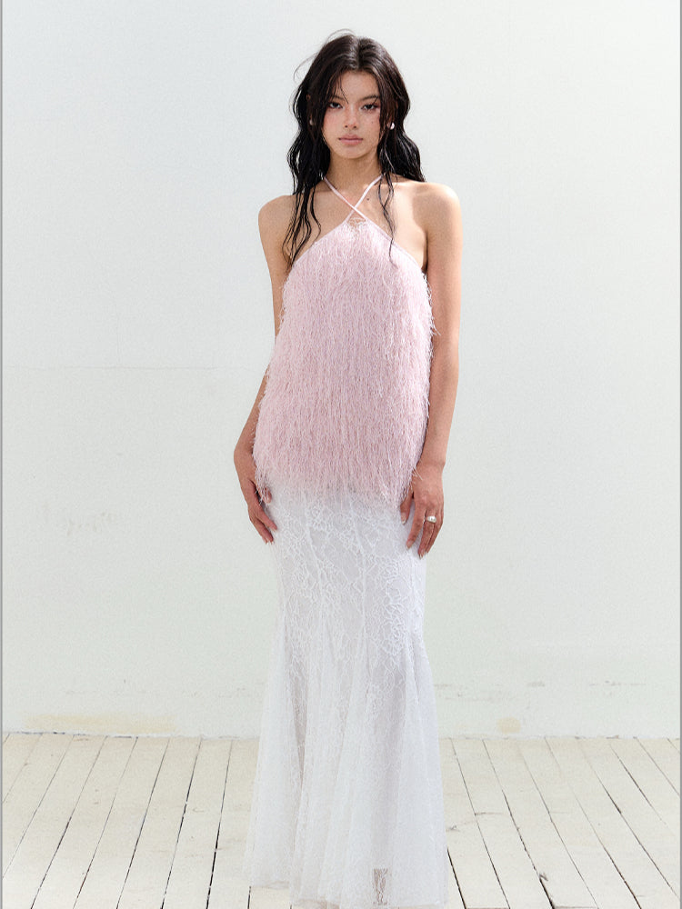 Plush Fringe Hollow Halter Vest - CHINASQUAD