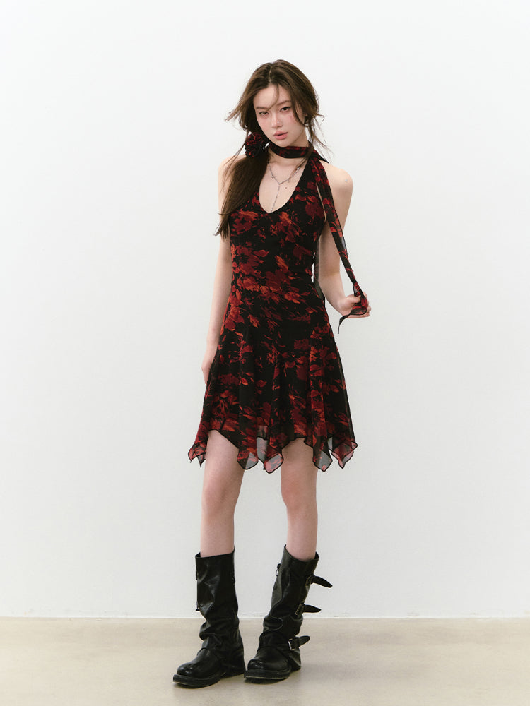Blue Halter Printed Dress - CHINASQUAD