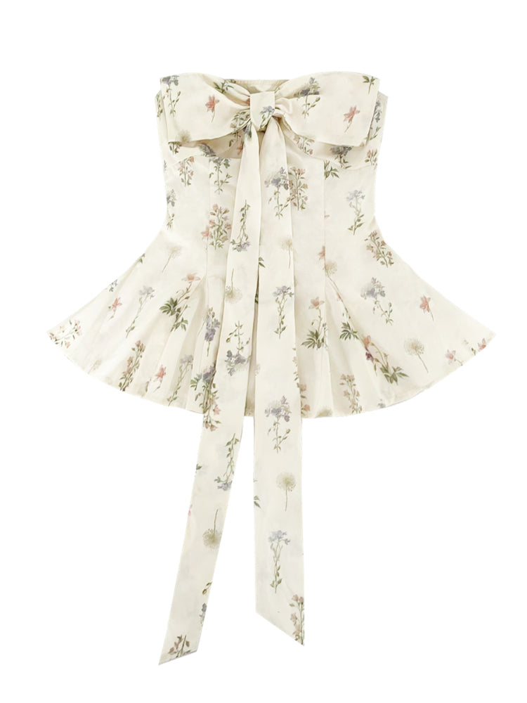 Floral Bow Smocked Strapless Top
