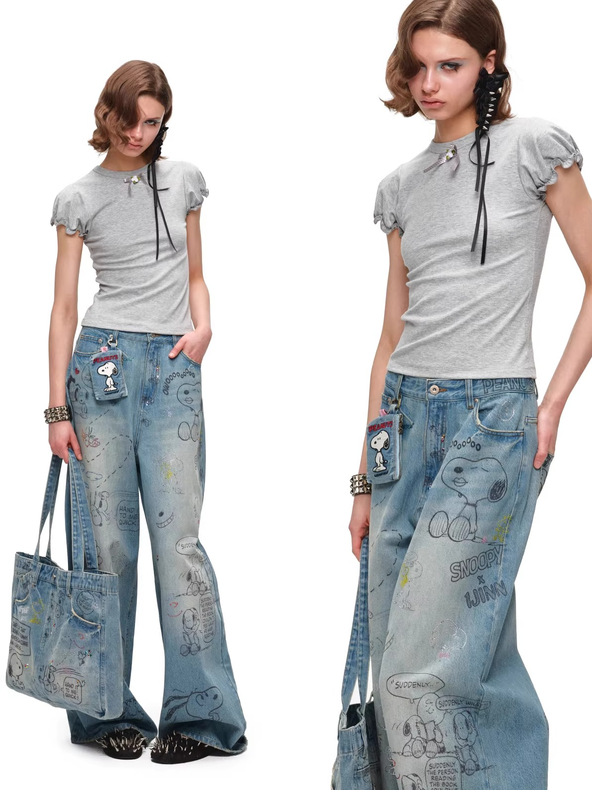 Snoopy Graffiti Crystal-Embellished Denim Tote Bag