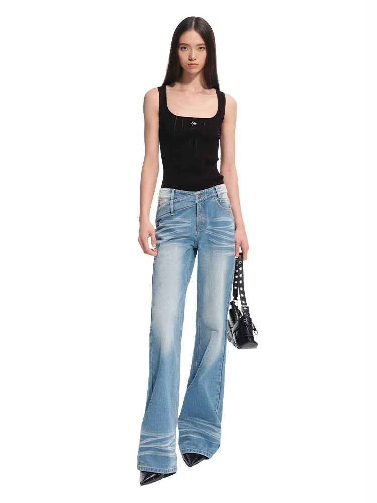 Hollow-out Square Neck Knit Tank Top - CHINASQUAD