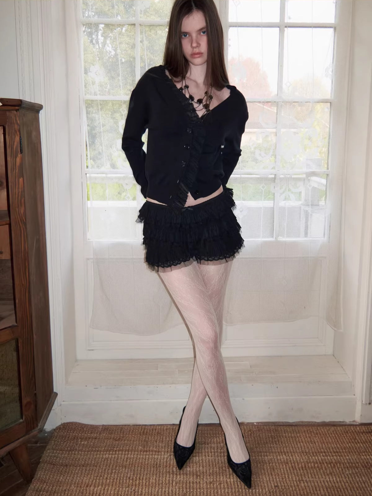 Ruched Trim Acetate-Blend Knit Cardigan