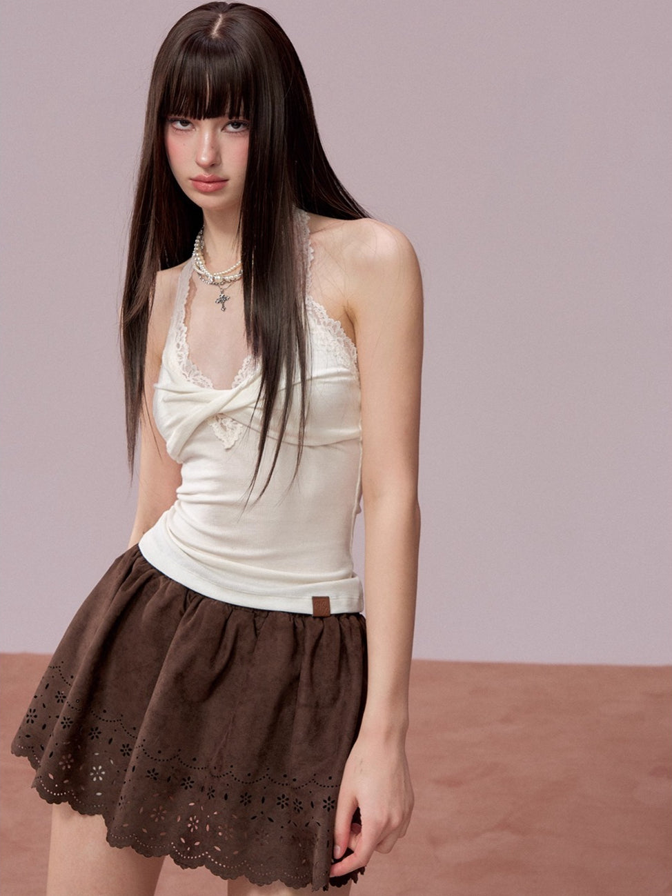 Suede-Touch Embroidered Mini Skirt